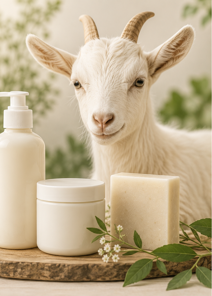 Goats milk products including a bottle, jar, and soap with a goat in the background.